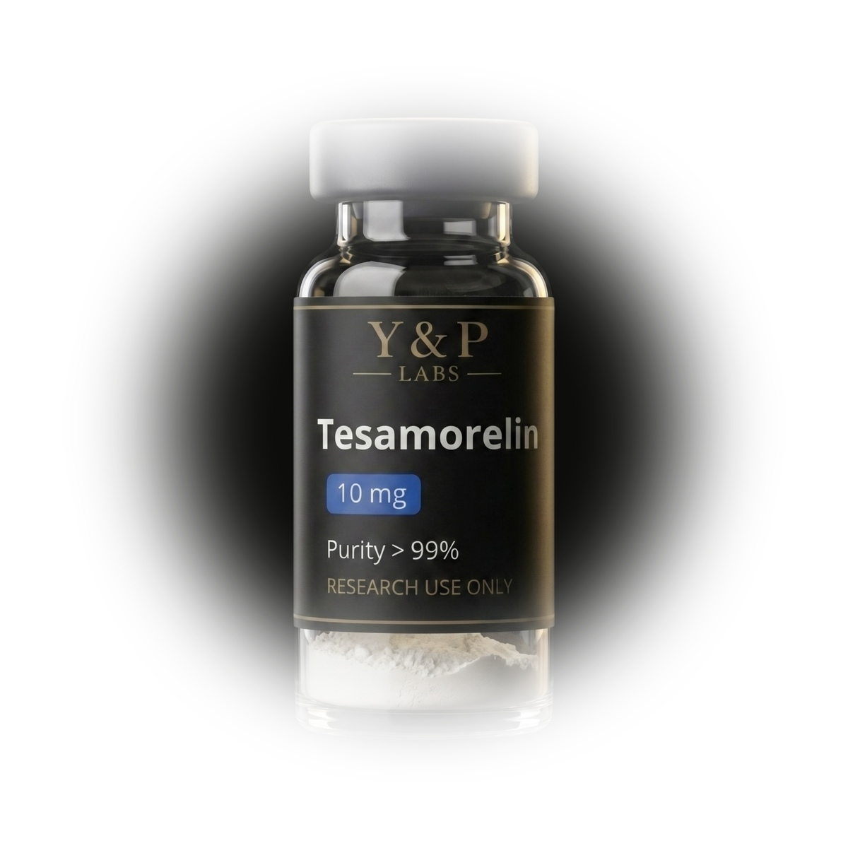 Y&P Labs Tesamorelin research peptide vial, 10 mg, tested to over 99% purity